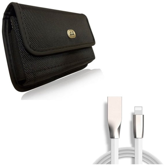 6ft USB Cable w Rugged Case Belt Clip for iPhone XS Max/8 PLUS/7 Plus/6S Plus/6 Plus - Flat Charger Cord Power Wire Sync and Holster Canvas Cover Pouch Carry