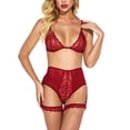 thumbnail image 3 of Conjunto de ropa interior con cinturón de liga sexy para mujer Ropa de dormir de lencería de flores de encaje, Rojo, L Inevent XX000077-06, 3 of 7
