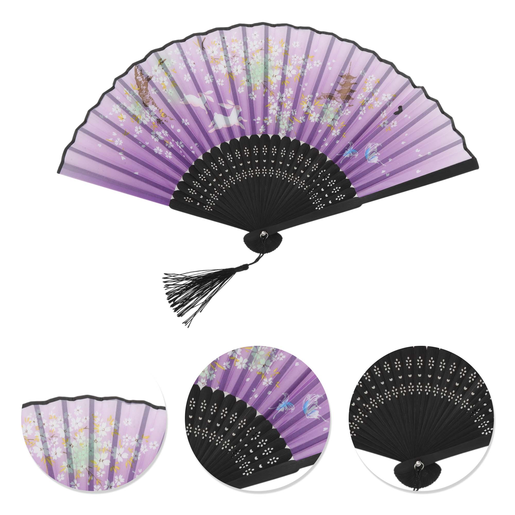 Unique Bargains Ancient Style Folding Fan 1Pc Purple [Flower in Mirror Moon in Water]