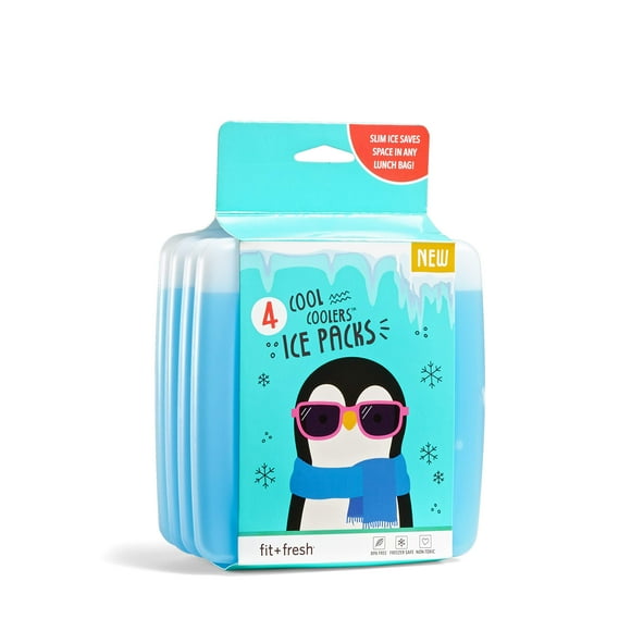 Cool Coolers by Fit + Fresh, 4 Pack Slim Ice Packs, Space Saving Reusable Ice Packs for Lunch Boxes or Coolers, Blue, Single Pack