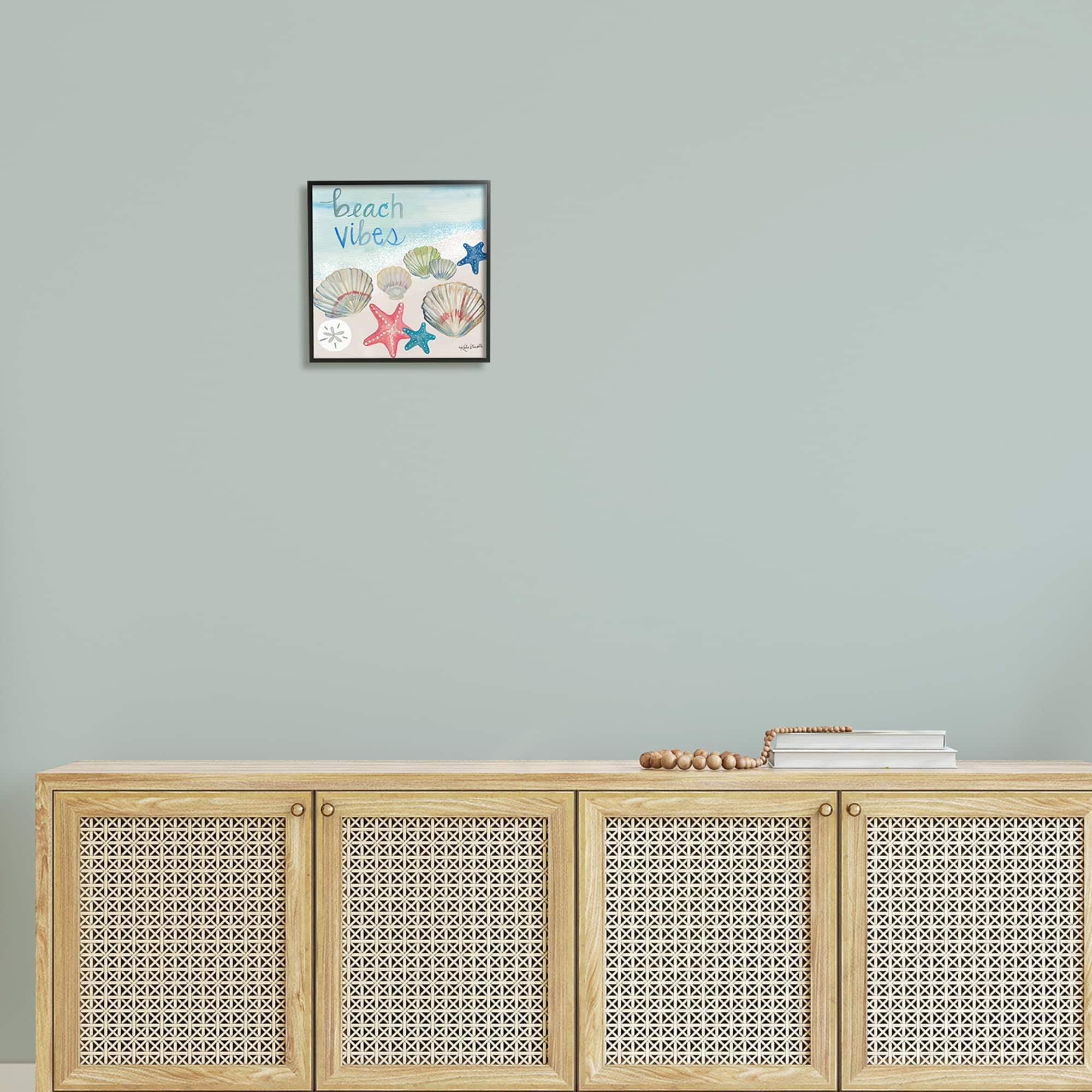 Stupell Industries Beach Vibes Calligraphy Trendy Seashells Starfish Painting Framed Wall Art, 12 x 12, Design by Katie Doucette