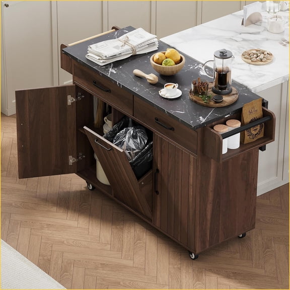 Kitchen Island with Trash Can Storage, Drop Leaf & Rolling Wheels | Walnut Brown | P2 Particleboard | Medium (40-55in)