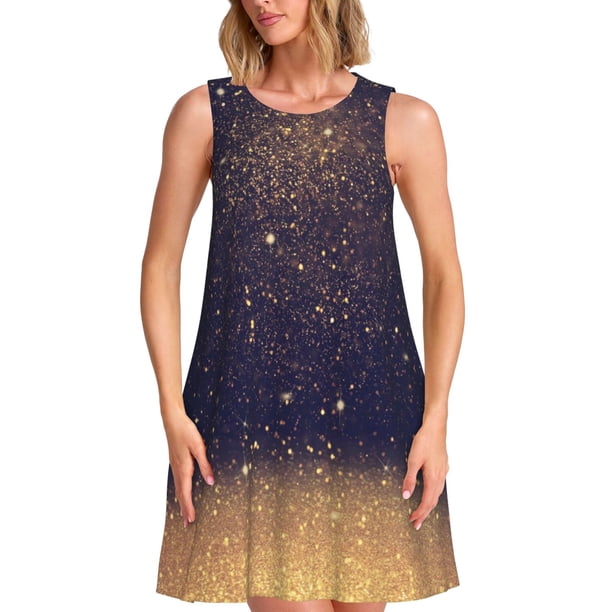 Balery Gold Black Glitter Vestidos de verano para mujer con estampado: vestido holgado sin mangas, vestido playero informal y cómodo para días calurosos.
