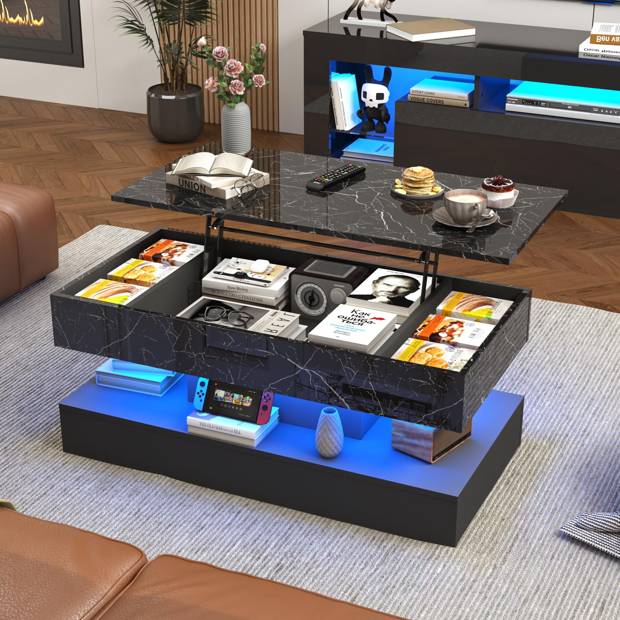 ChVans 39.4" Large Lift Top Coffee Table with Charging Station & LED Lights, Black High Glossy LED Coffee Table with Hidden Compartment Storage, Modern Living Room Tables