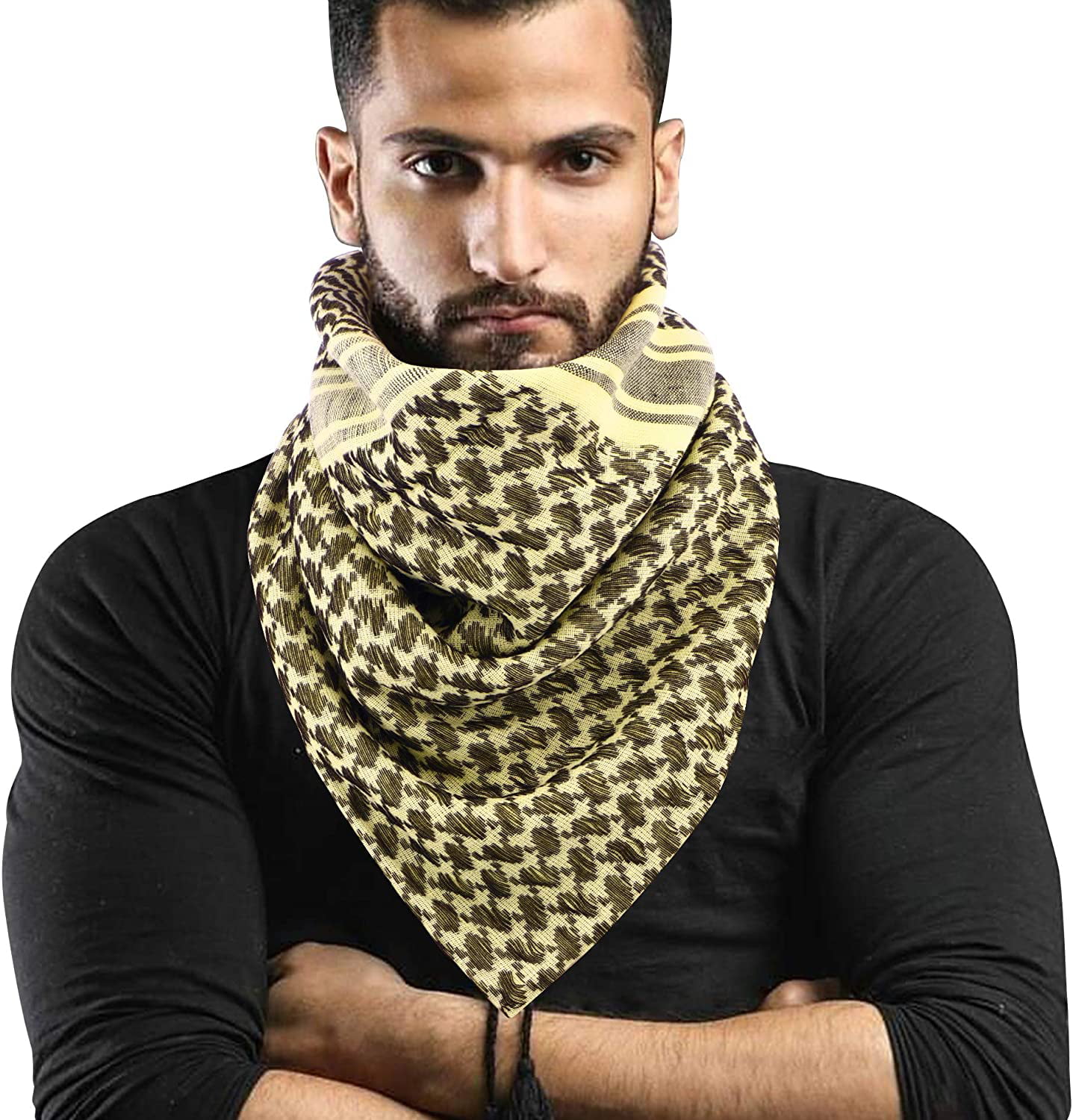 Holly LifePro 100% Head Neck Cotton Shemagh Arab Military Keffiyeh Tactical Desert Scarf Wrap with Tassels for Women and Men 