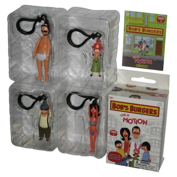 Bob's Burgers Chibi In Motion Figure Keychain Set - (Theater Gene, Firehat Louise, Scuba Bob & Sunburnt Linda)