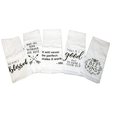 

Kitchen Towel Gift Set - Set of 5 Inspirational Kitchen Dish Towels - Blessed Be Kind and more - White Flour Sack Related Kitchen Towels Gift Set - Comes in Organza Gift Bag