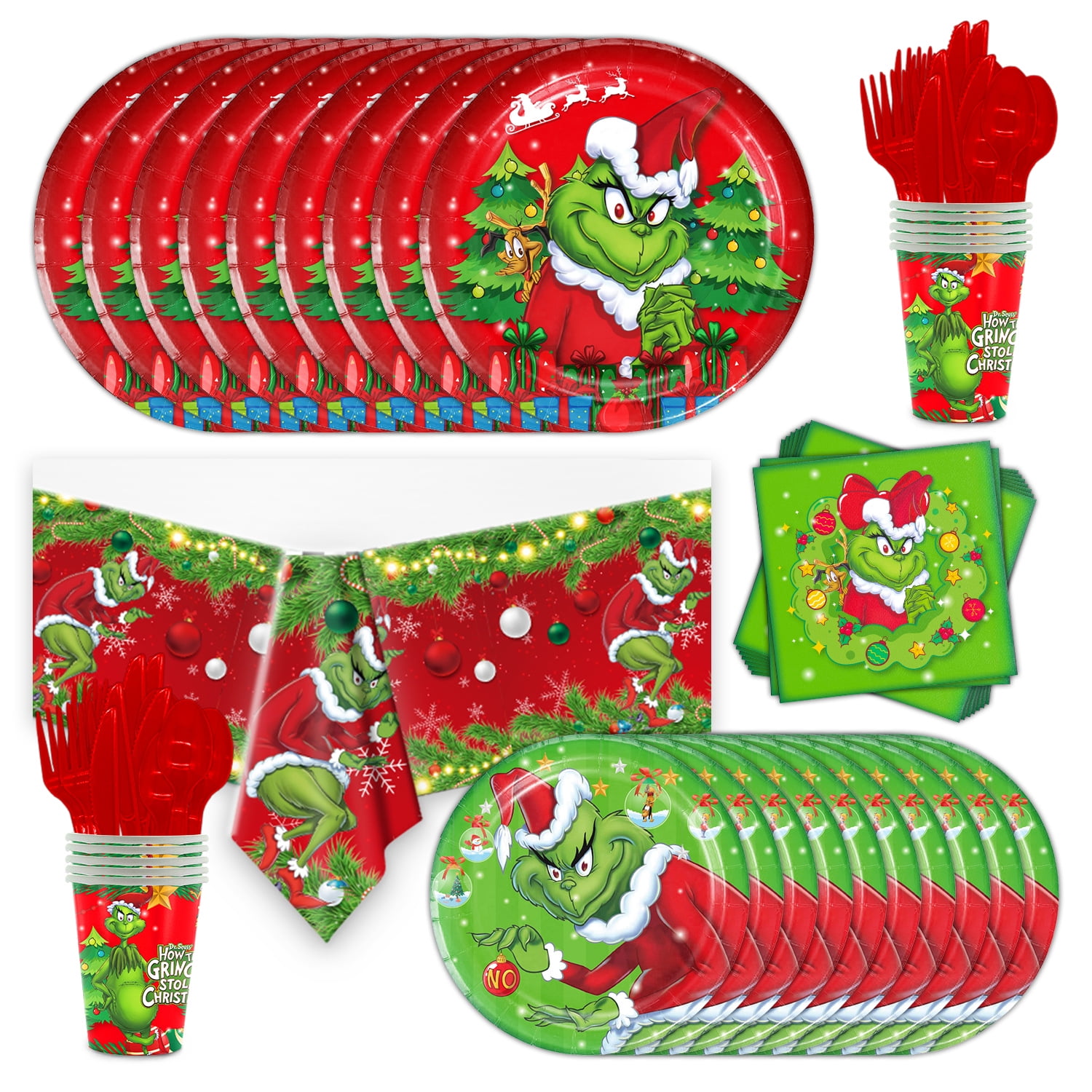 Grinch Christmas Cake Plates Disposable Paper Dessert Set, Merry