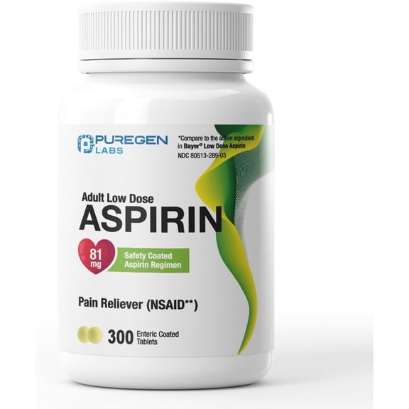 Puregen Labs Aspirin 81 mg Low Dose – 300 Enteric Coated Tablets | Made in USA – 1PK
