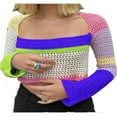 thumbnail image 1 of Women Crochet Knit Crop Tops  Summer Long Sleeve Color Block Hollow Out Loose Fit T-Shirts, 1 of 6