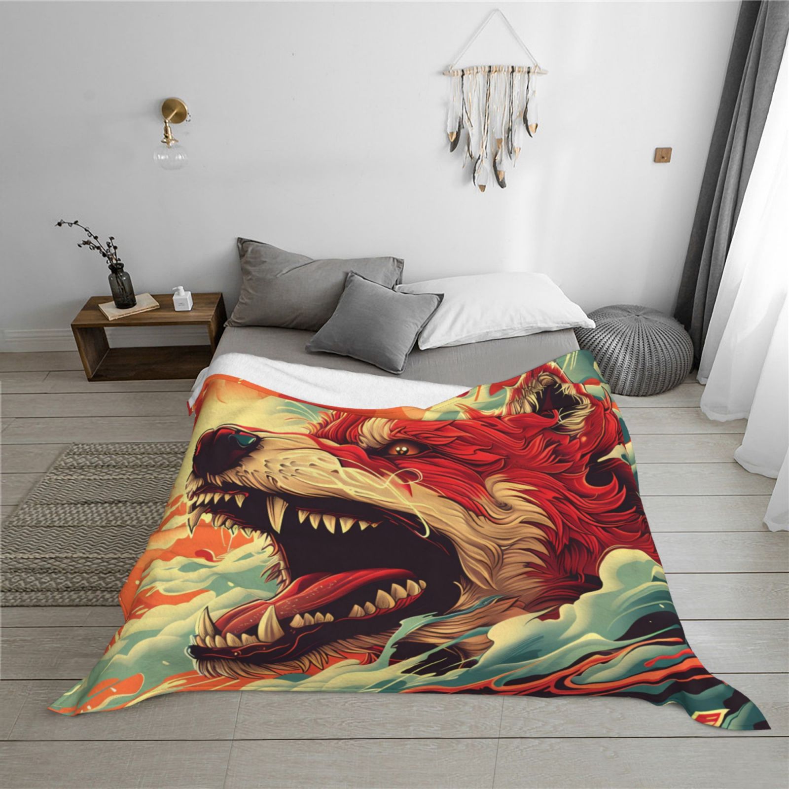 Throw Blanket for Couch - Fiery Wild Dog Illustration Soft Comfy Lightweight Cozy Warm Throw Blanket, Fuzzy Plush Flannel Blanket & Throws for Sofa and Bed All Season