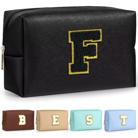 TOPEAST - Neceser de maquillaje preppy, pequeño neceser de viaje para mujer, de piel sintética, impermeable, con cremallera, regalo de cumpleaños personalizado para mujer y niña (negro F)