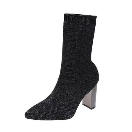 

Fsqjgq Womens Boot Women Ankle Boots Autumn and Winter Stretch Knit Solid Color Fashion Comfortable Simple Pointed Toe Square Heel Womens Glitter Boots Silver 40