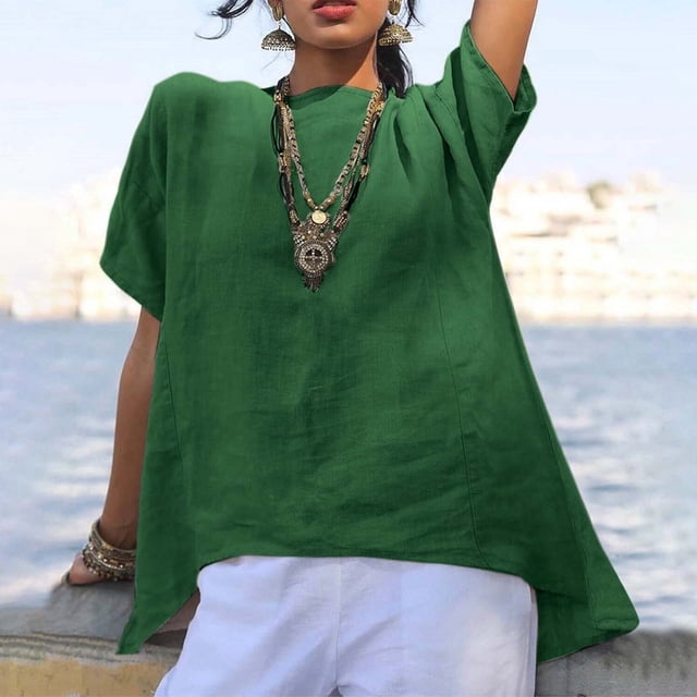 UPPADA Under 10 Linen Cotton Shirts for Women Oversized T-Shirt Loose Fit Short Sleeve Solid Casual Linen Top 2025 Dressy Plus Size Blouse Tops Trendy Summer Clothes Green,XXXXXL