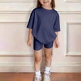 thumbnail image 5 of CPNG Girls Two Piece Sets Kids Solid Color Round-Necked Short Sleeve T-shirt and Elastic Waist Tight Shorts Summer Outfits(Navy,3-4 Years), 5 of 6