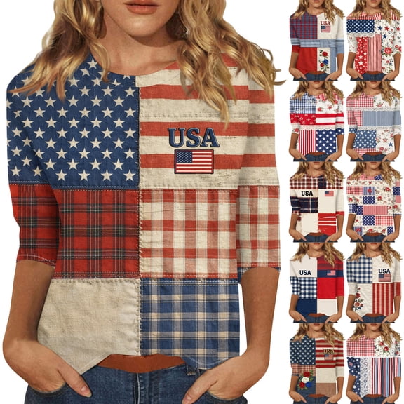 KDDYLITQ Womens 250th Anniversary Independence Day Shirts Liberty National Flag Print Crew Neck Tops 4th July Red White and Blue Freedom Tees Printed Graphic 3/4 Sleeve T-Shirts Multicolor 2XL