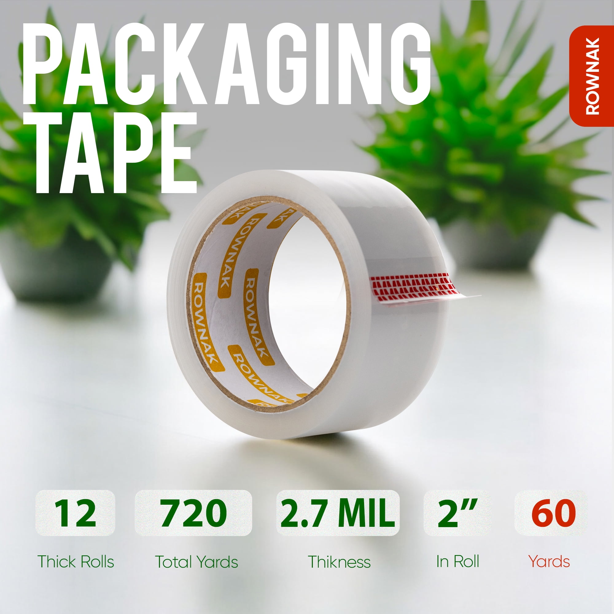ROWNAK Heavy Duty Packaging Tape 12 Rolls - 2.7mil Thick, 2.0 in Wide, 60 Yards Roll