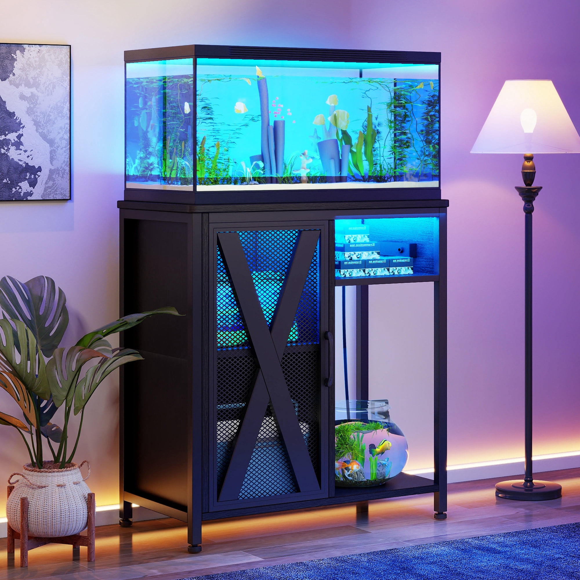 Uforic Aquarium Stand with Power Outlets & LED Light and Cabinet for 20-30 Gallon Fish Tank Stand, Turtle Tank, Reptile Terrarium - Black
