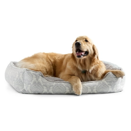 NICOLE MILLER NEW YORK PET Mod Damask Plushy Bolster Pet Bed, Cozy & Calming, Water Repellent, Non-Slip Bottom, 100% Machine Washable, Grey, Large 35"x28"x8"