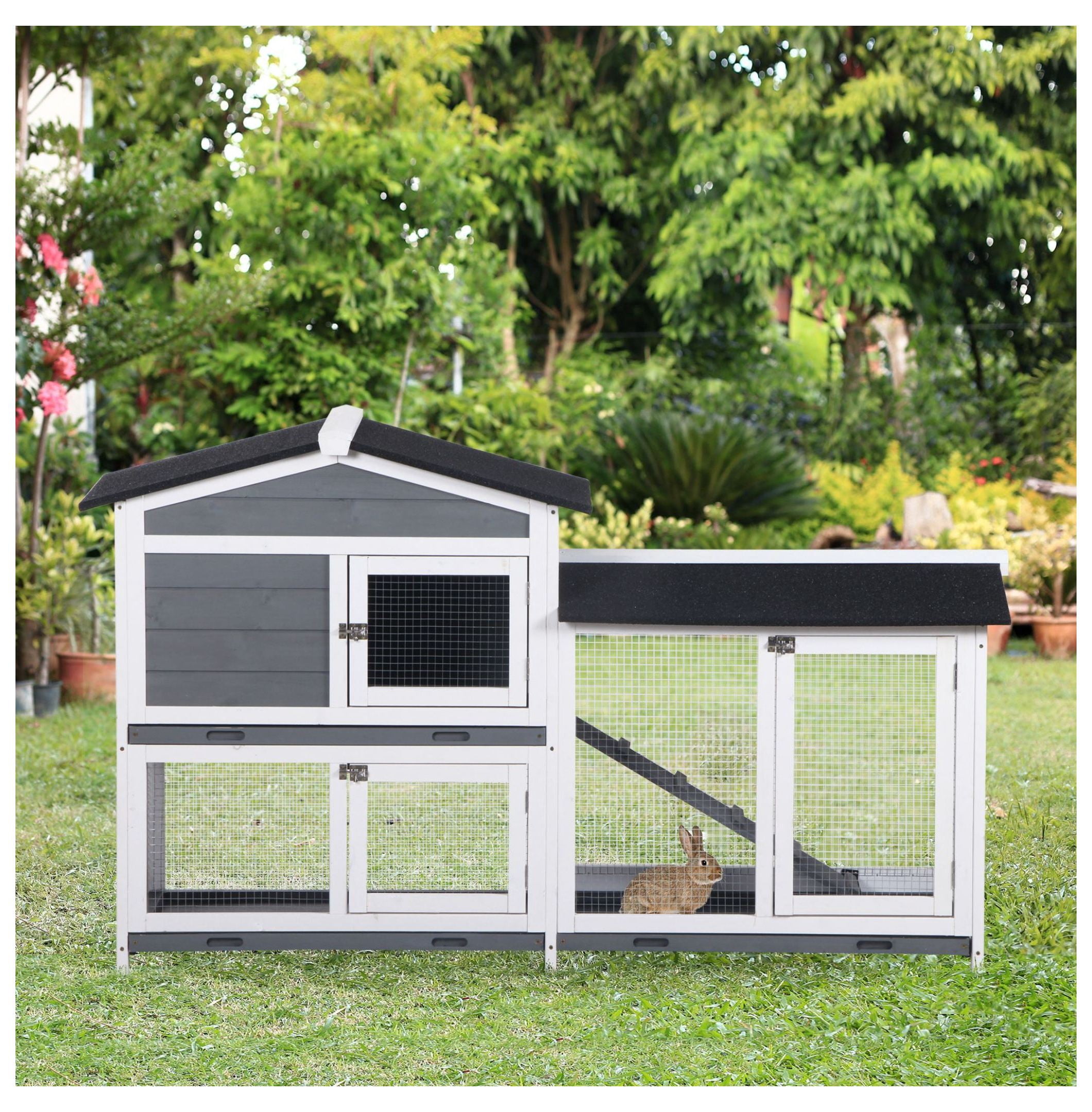 62" Rabbit Hutch, Wooden Bunny Hutch, Guinea Pig Cage, Small Animal Enclosure with Run Area, Removable Tray, Asphalt Roof, Lockable Doors and Ramp, Gray
