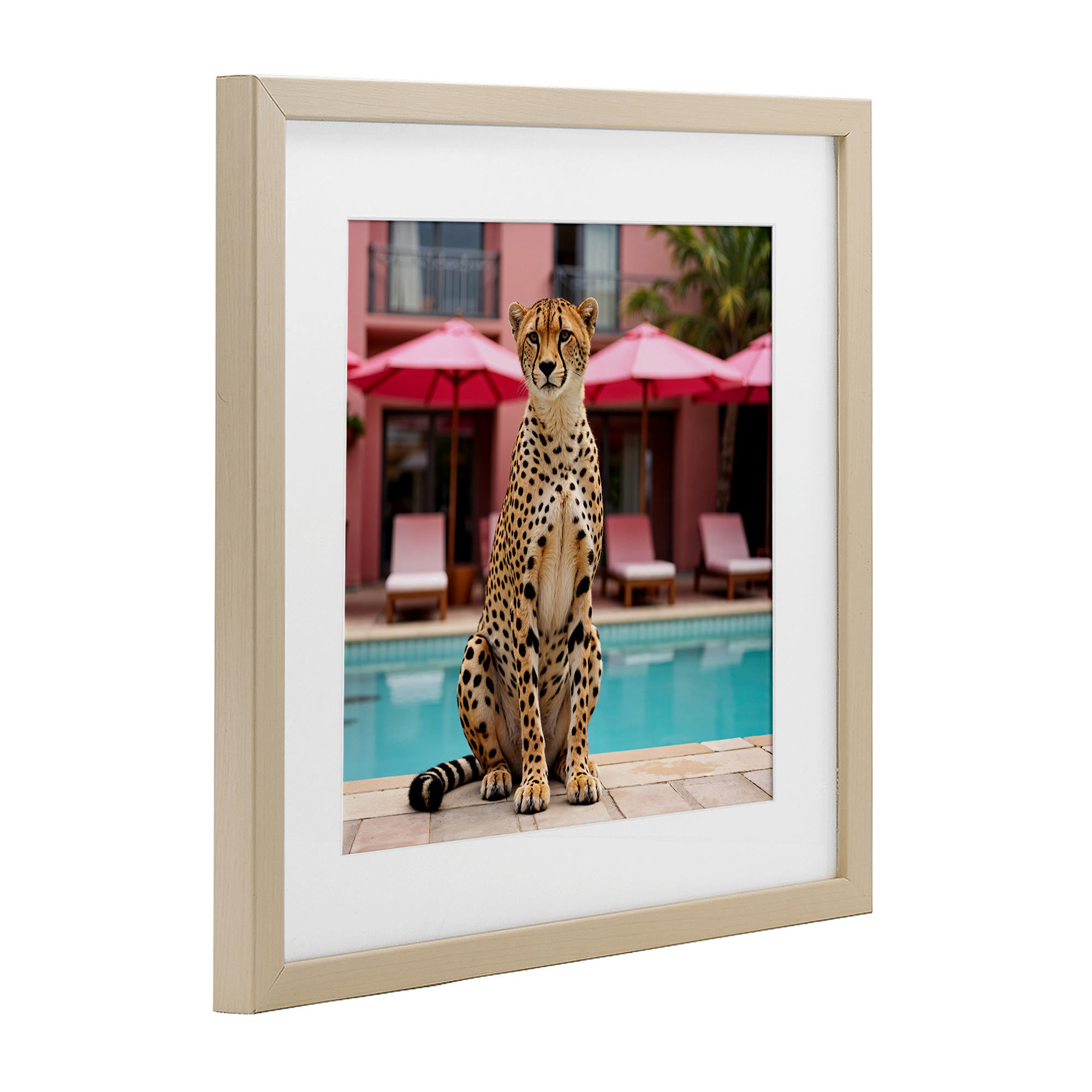 Cheetah Posed at Poolside Birch Framed Print Under Glass, design by Lettered and Lined