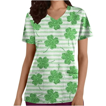 

CYMMPU Women s V-Neck Pocketed Scrub_Tops Nurse Workwear Uniform Clearance Going out Tops Summer Tees Short Sleeve Shirts Trendy St. Patrick s Day Tunic Green Clover Graphic Fashion Tshirts White S