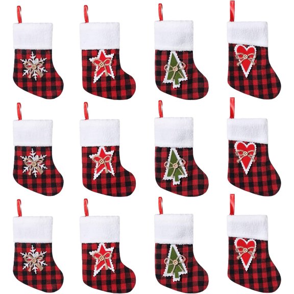 12 Pack 7.5 inches Mini Christmas Stocking Buffalo Plaid Stockings Hanging Ornament Xmas Holiday Decoration