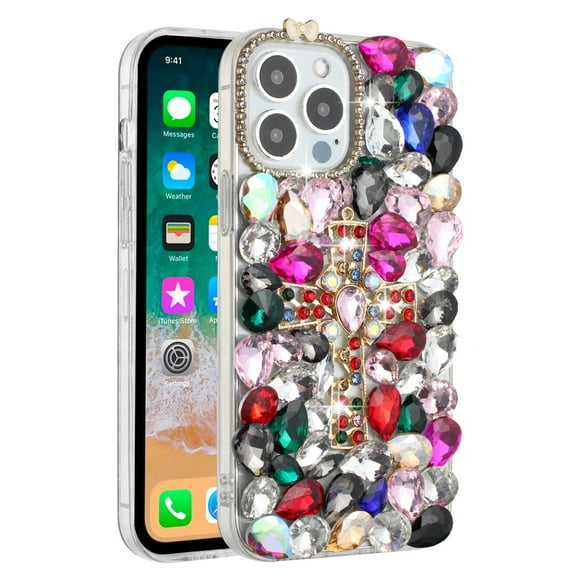 For Apple iPhone 15 (6.1") Cross Bling Crystal 3D Full Diamonds Pearl Luxury Sparkle Rhinestone Glitter Hybrid Cover ,Xpm Phone Case [ Multi Rainbow ]