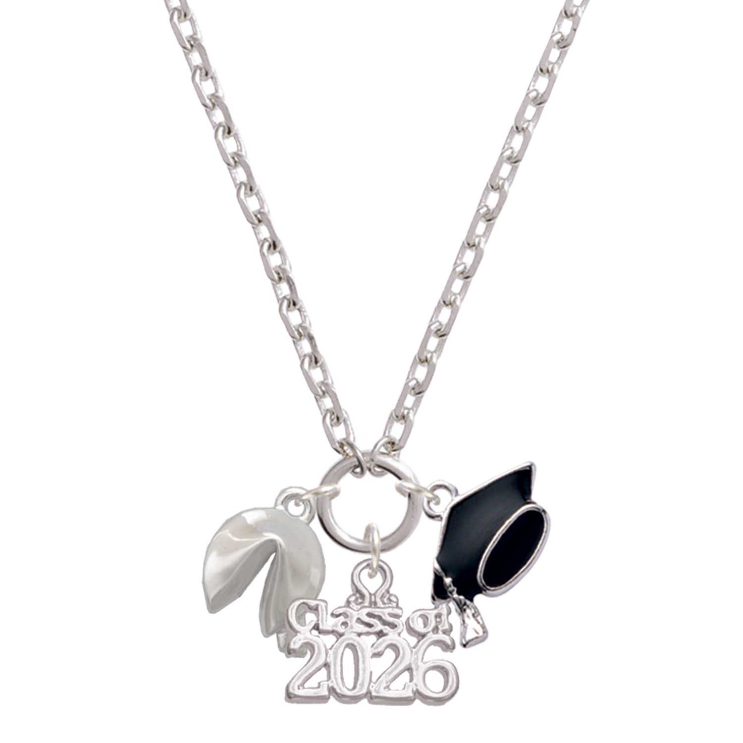 Delight Jewelry Silver-tone 3-D Fortune Cookie - Class of 2026 Graduation Zoey Charm Necklace, 28"