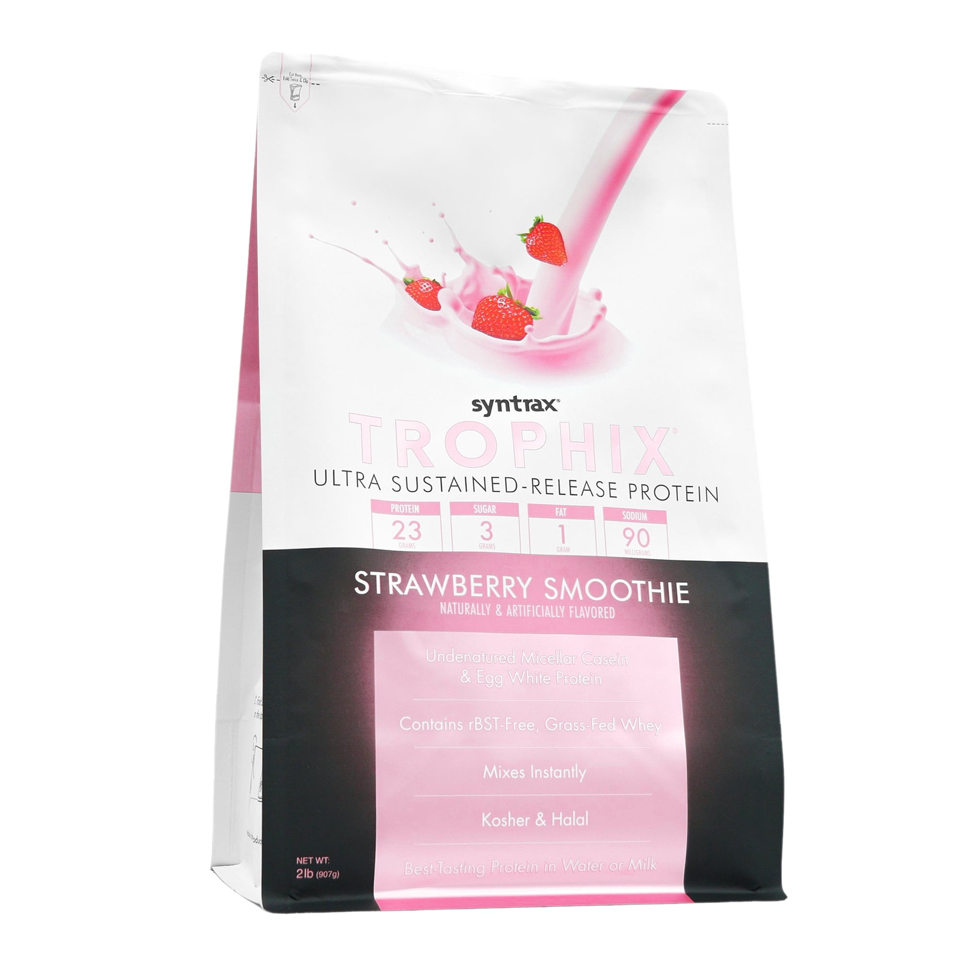 Syntrax Nutrition Trophix, Strawberry Smoothie 2 lbs. Ultra Sustained-Release Protein Powder Blend, offers a Rich & Creamy Flavor