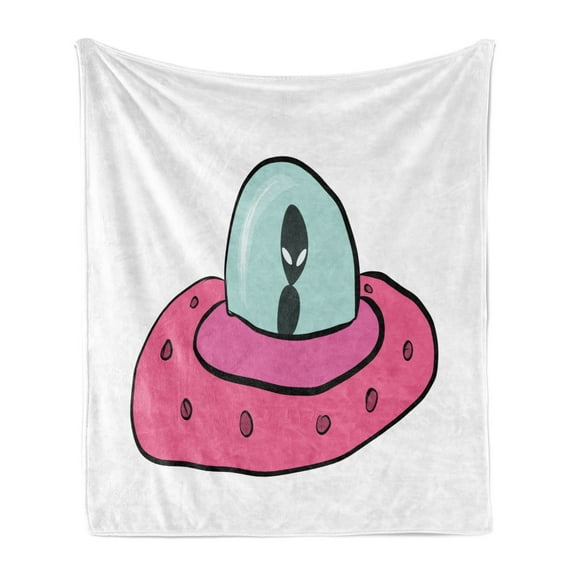 Alien Soft Flannel Fleece Throw Blanket, Doodle Illustration of a Flying Saucer Ufo, Cozy Plush for Indoor and Outdoor Use, 50" x 60", Pink Pale Blue White, by Ambesonne