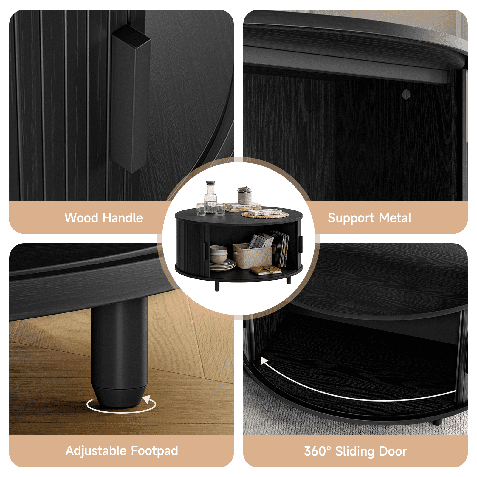 ROGALIS 31.5" Round Coffee Table with Storage, Modern Coffee Table with 360° Curved Sliding Door, Fluted Wood Coffee Table with Adjustable Footpads for Living Room, Black