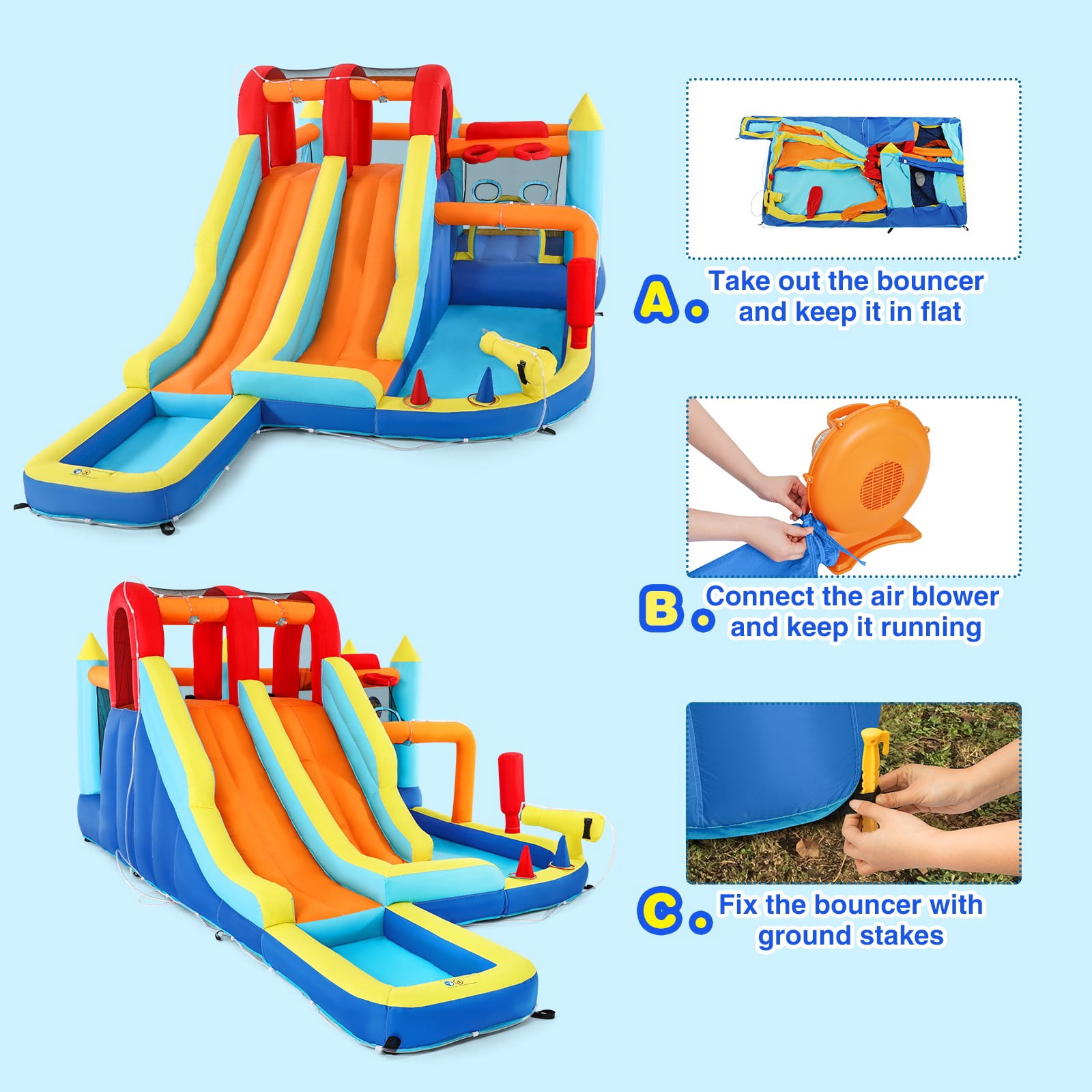 JOYLDIAS Inflatable Bounce House Double Water Slides Castle with Water Guns, Splash Pool, Trampoline, Climbing Wall, Ring Toss, Felt Ball Target, Air Blower