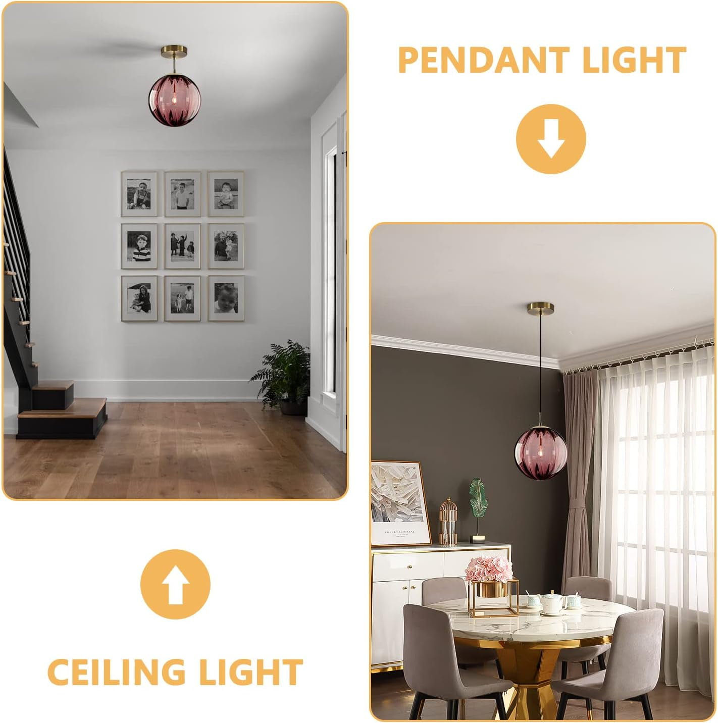 KCO Lighting Modern Large Globe Pendant Light Industrial Dining Room Light Fixture (Burgundy-9.8'')
