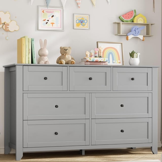 QinaQin Seven-Drawer Wardrobe Is a Modern, Minimalist Wooden Storage Unit with Gold Handles. It Boasts a Large Capacity and Is Suitable for Use In Closets, Hallways, Living Rooms, and Entryways