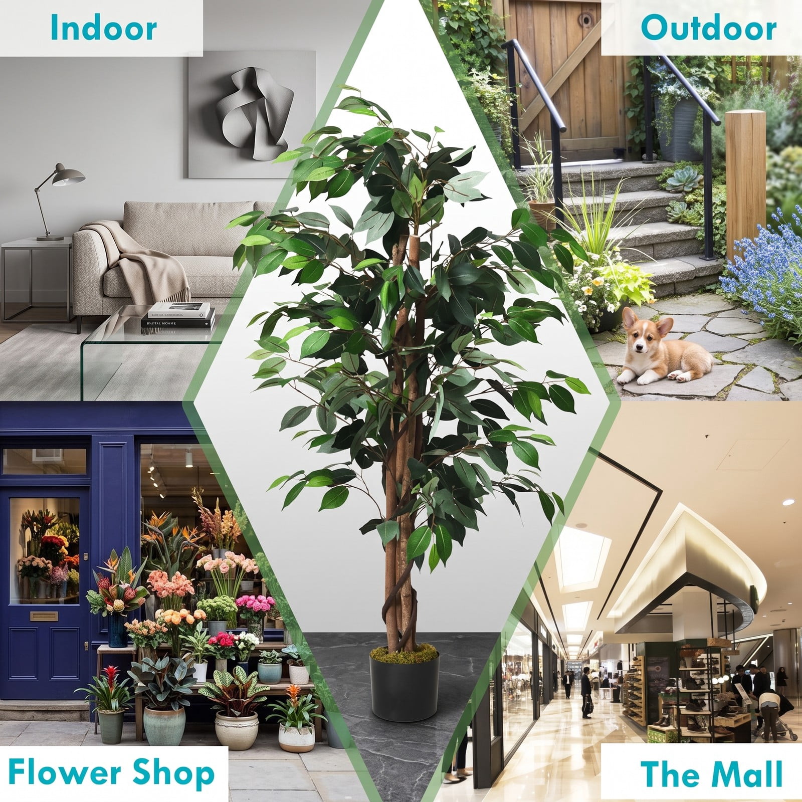 ALPULON 4 Feet Artificial Ficus Silk Tree, Indoor Outdoor Faux Ficus Plant with 504 Leaves, Hardwood Trunk and Cement Base Potted Fake Tree for Home Office, Green