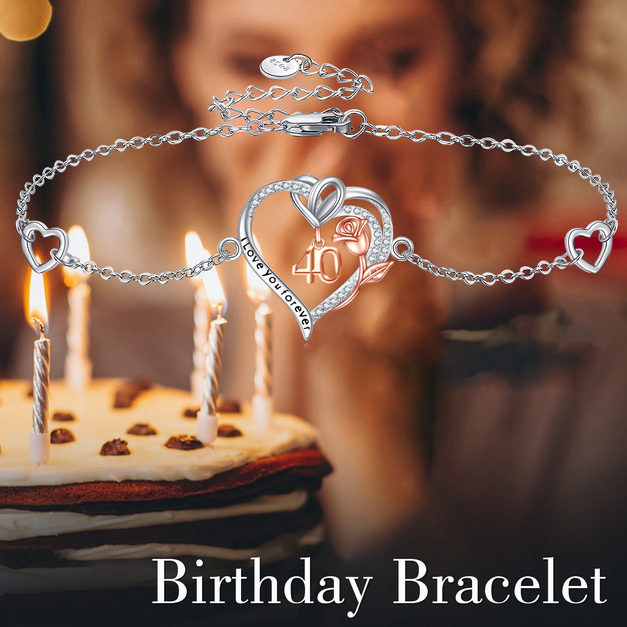 Birthday Bracelet Sterling Silver 40th Birthday Bracelet Heart Rose Flower Birthday Jewelry for Women Mothers Day Christmas Gifts