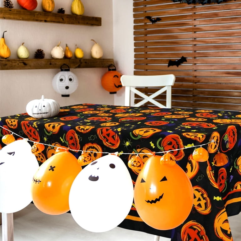 Halloween Tablecloth – Spider Web Pumpkin Bat Ghost Design, Waterproof Polyester, 60" X 120" Rectangle, Purple