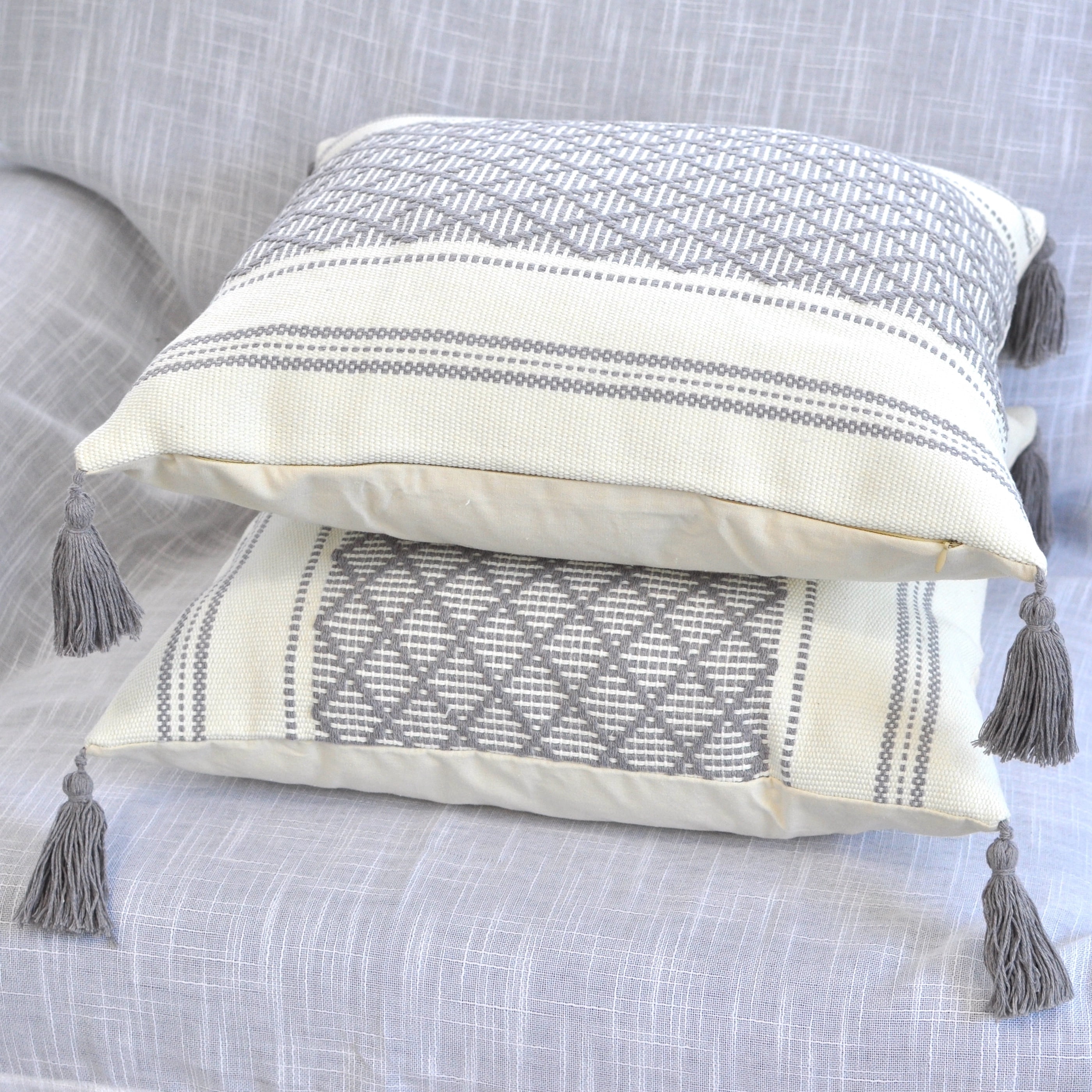 Decorative Boho Tassels Throw Pillow Covers Grey, 20x20 inch -Set of 2)/ Designer Plaid Woven Cushion Covers for Couch/ Farmhouse Gray Accent Square Pillow Cases
