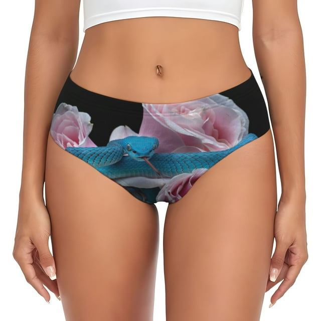 Fotbe Blue Lipped Pit Viper And Three Pink Roses Calzones Estampados para Mujer – Ropa Interior de Algodón, Cómoda, Suave y Elástica-Small