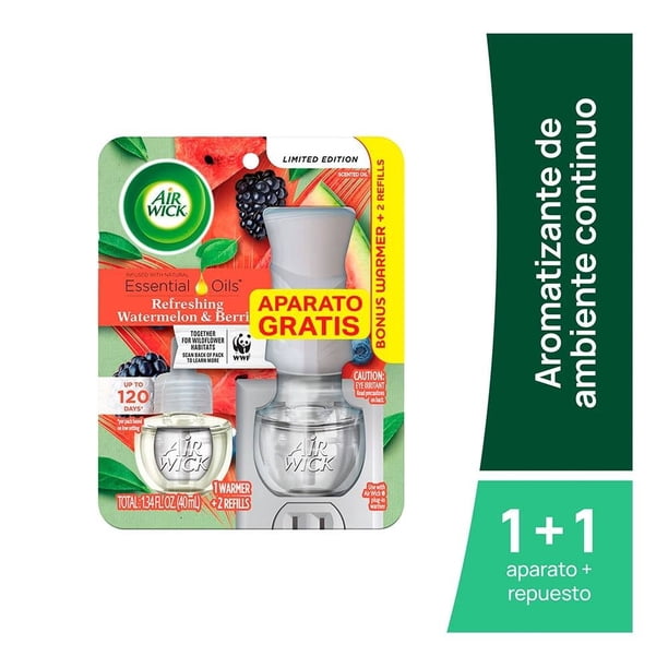 Aromatizante de Ambiente Air Wick Watermelon & Berries, difusor eléctrico y 2 repuestos de 20ml c/u