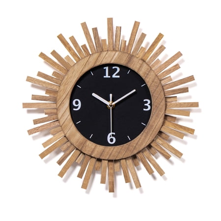 12 Inch Wall Clock, Battery Operated Silent Non Ticking, Rustic Wood Boho Sunburst Decor for Living Room Kitchen,Rustic Brown