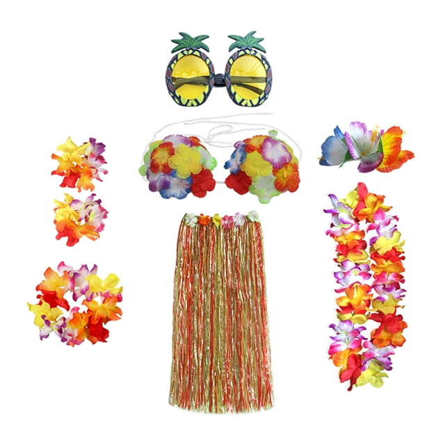 Fiesta Hawaiana Conjunto De Baile Hula Guirnalda De Flores Hawaianas Falda De Playa Muñequera Gafas De Sol De Piña Pinza Para El Pelo 8Uds Yuarrent AP007797-03