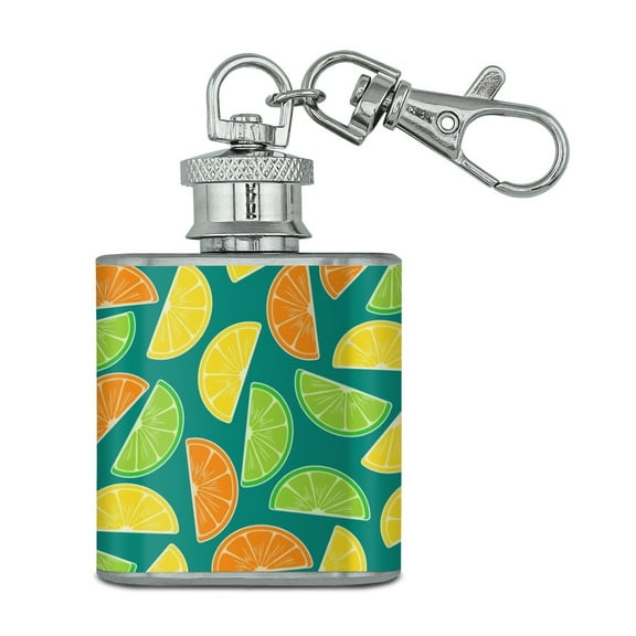Citrus Lemon Lime Orange Slices Pattern Stainless Steel 1oz Mini Flask Key Chain