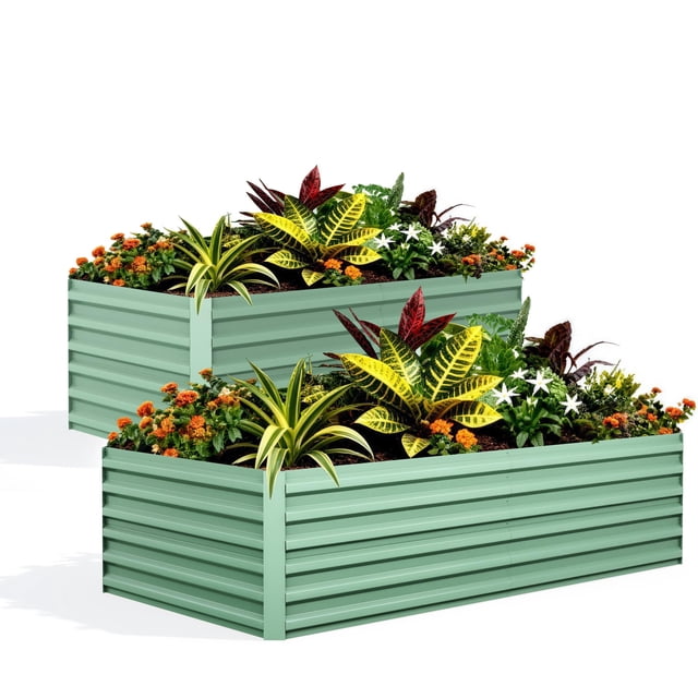 2PCS Galvanized Rectangular Garden Bed, Large Outdoor Planter Box, Rust-Resistant Metal Raised Beds for Vegetables, Flowers & Herbs, Easy Assembly