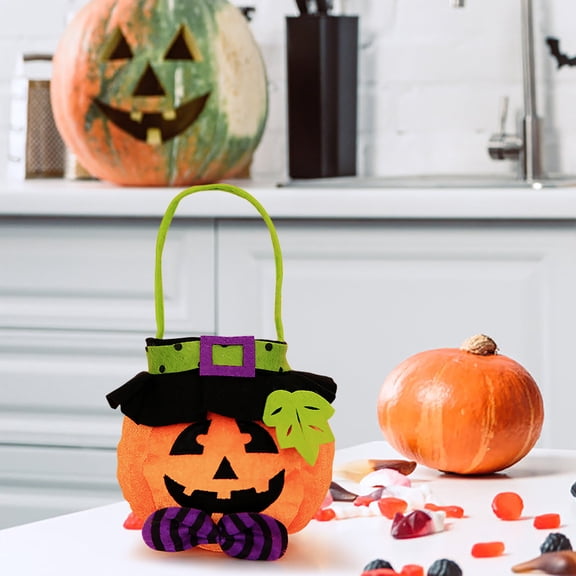 Halloween Pumpkin Candy Bag, Reusable Non-Woven Treat Tote for Kids, Handheld Basket Party Prop, Trick or Treat Collection Container, Portable Gift Pouch