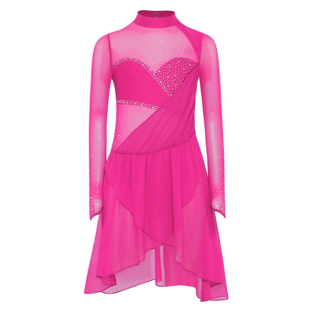 Kaerm Girls Figure Skating Dance Dress Sheer Mesh Patchwork Long Sleeves Shiny Rhinestones Irregular Hem Latin Costume Hot Pink 16