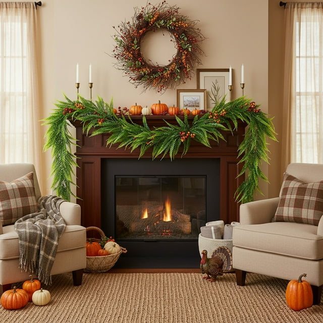 Guirnalda navideña de 183 cm con hojas artificiales | Decoración colgante de ratán rojo y verde para chimenea, entrada y fiestas navideñas en interiores | Decoración del hogar para Acción de Gracias