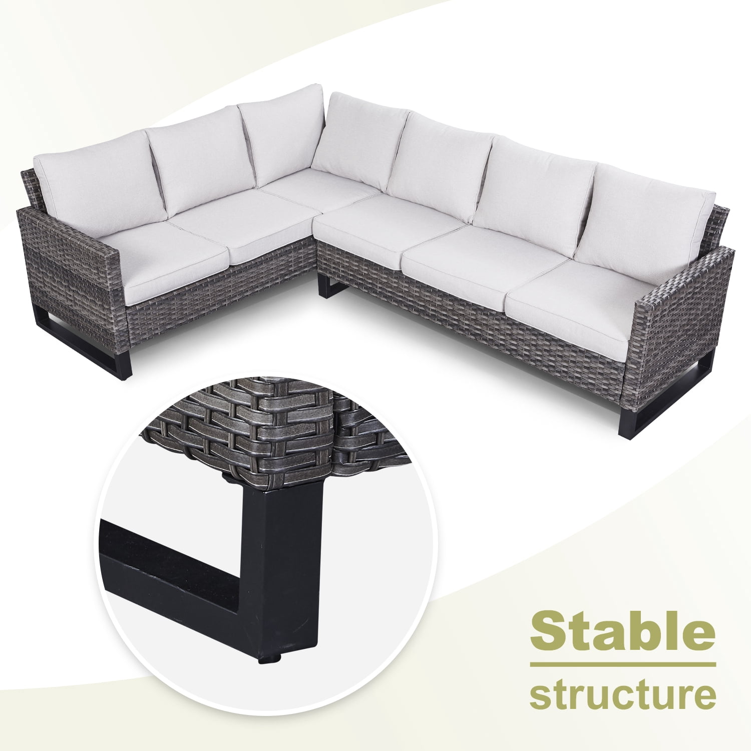 POCASSY Outdoor Furniture Set with Outdoor Sectional Sofa, 102 Inch Width Patio L Shape Sectional Sofa Gray Wicker Rattan Couch for Porch Deck Backyard, Gray/Beige