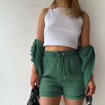 thumbnail image 2 of Wrinkle Fabric 2-Piece Set - Long Sleeve Shirt & High Waist Shorts, Green Women's Solid Color Wrinkle Cloth Lapel Long Sleeve Slit Shirt High Waist Shorts Large Size Fashion Casual Suit, 2 of 7
